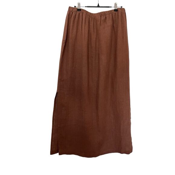 Eileen Fisher 100% Linen Midi Skirt Size M Brown Side Slits Lagom Sustainable - Picture 1 of 8